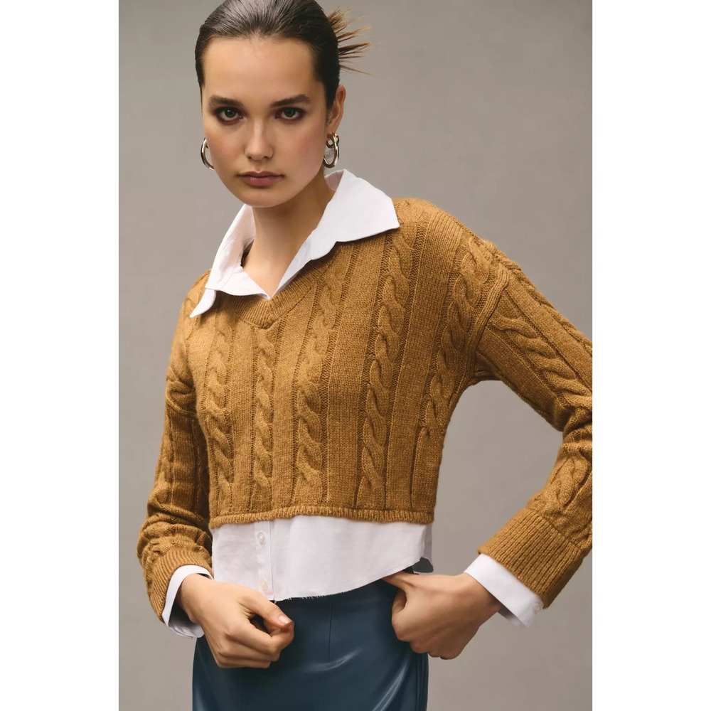 Anthropologie‎ Pilcro Twofer Sweater Womens L Camel Cable Knit Crop Preppy